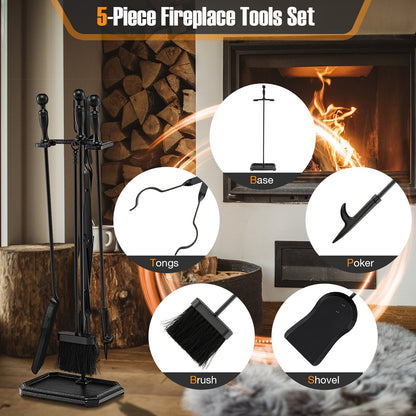 5-Piece Fireplace Tool Set with Tong Brush Shovel Poker Stand, Black