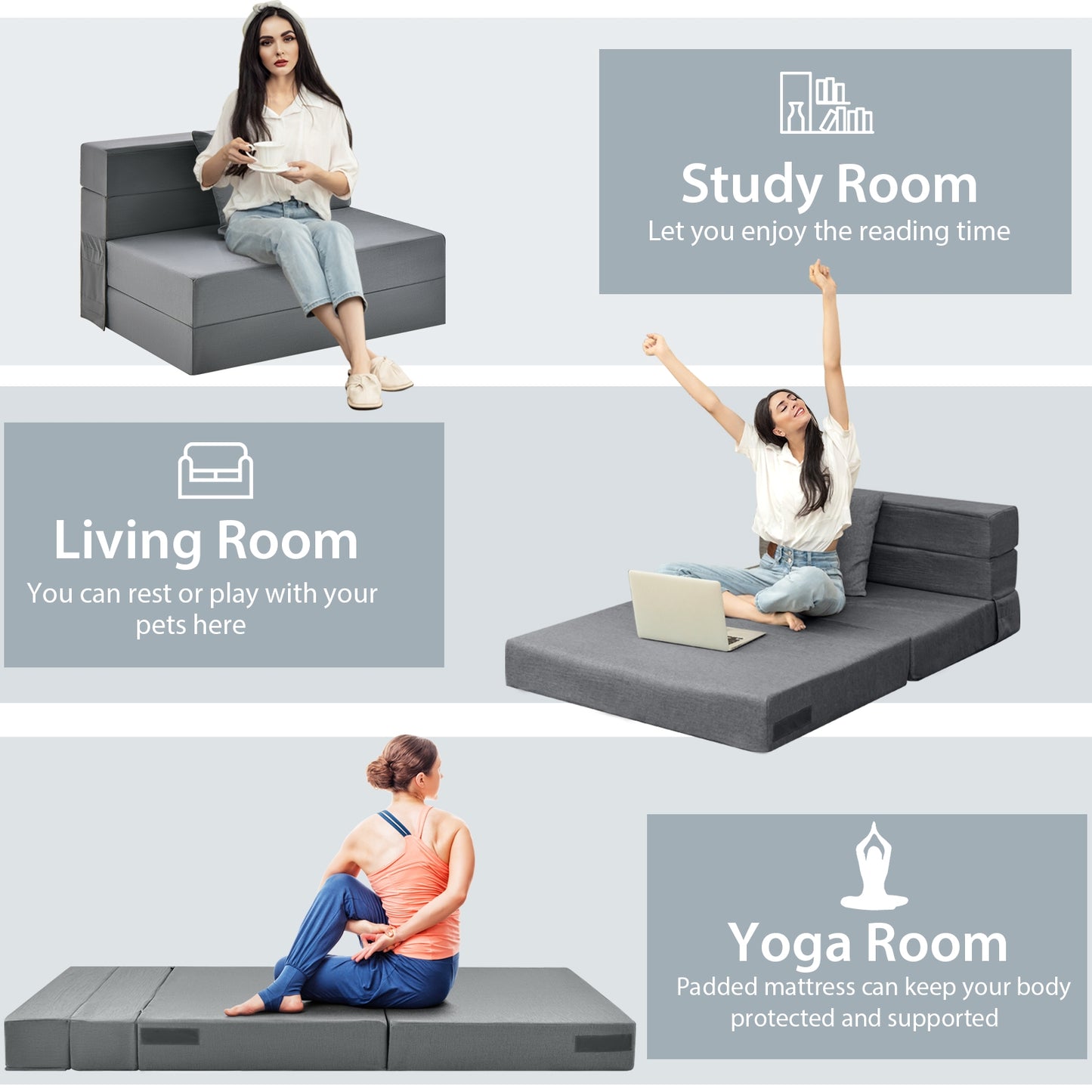 6 Inch Tri-Fold Sofa Bed, Folding Mattress With Pillow, Dark Gray Floor Chairs at Gallery Canada