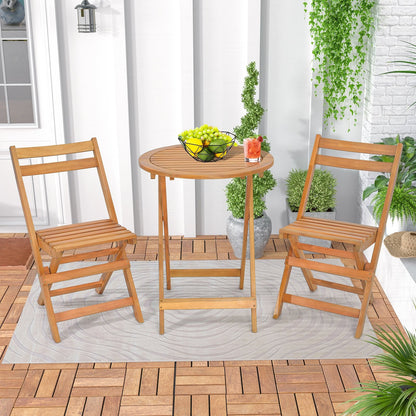 3 Pieces Folding Patio Bistro Set with Slatted Tabletop, Natural