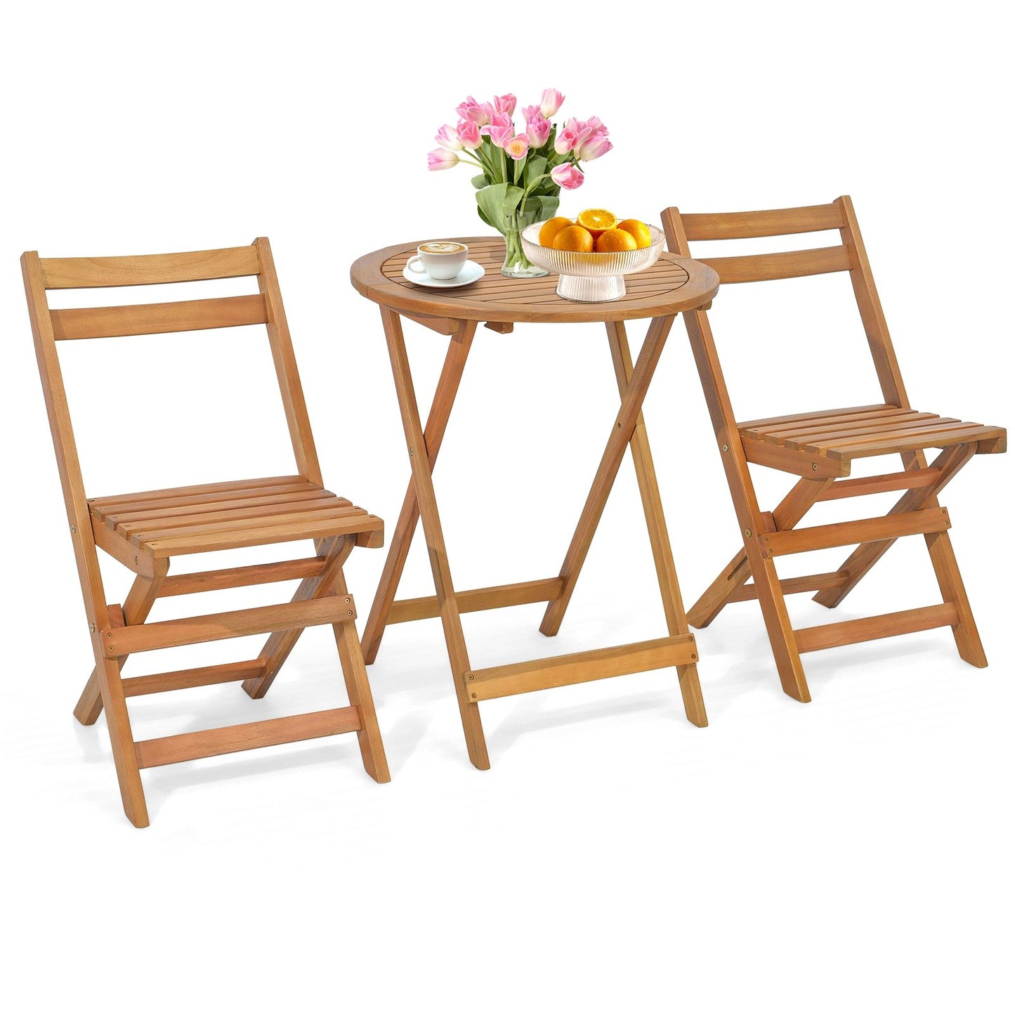 3 Pieces Folding Patio Bistro Set with Slatted Tabletop, Natural