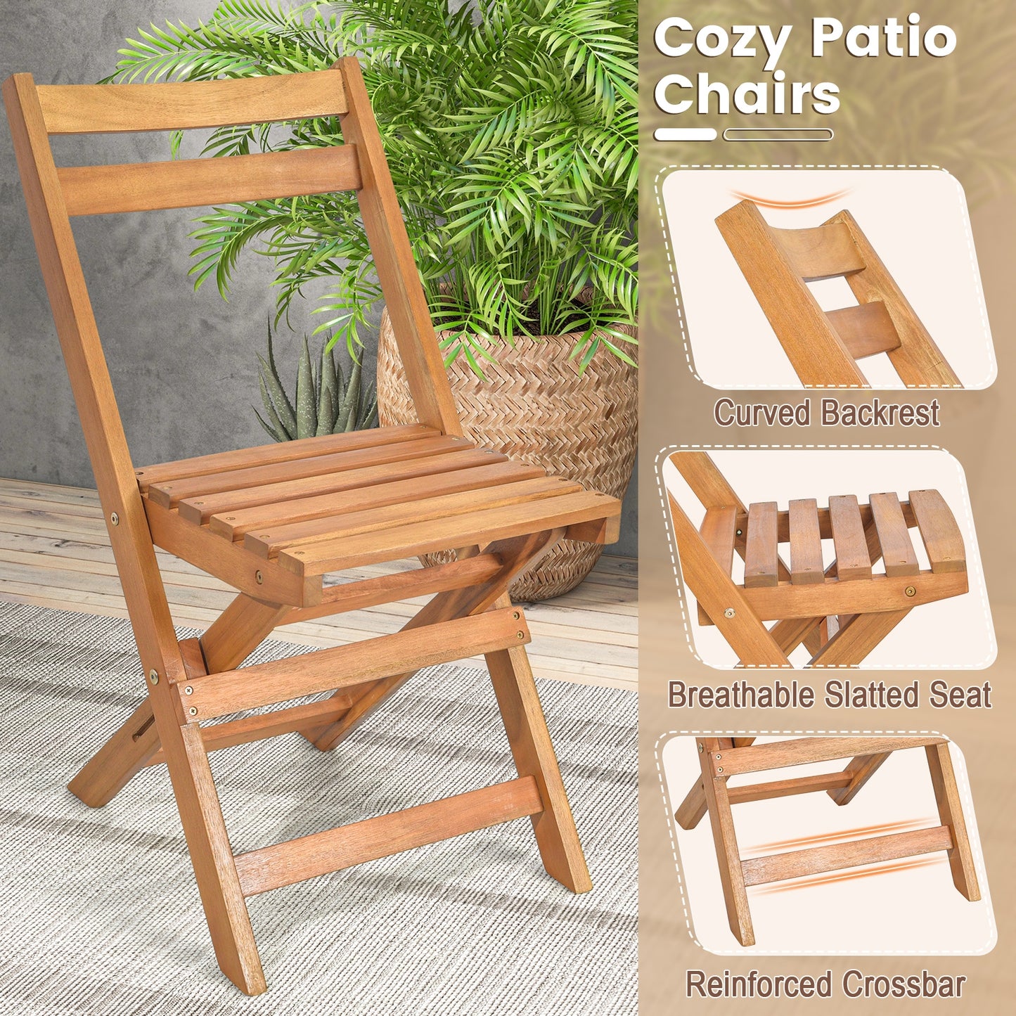 3 Piece Folding Patio Bistro Set, Slatted Tabletop, Natural Patio Conversation Sets at Gallery Canada