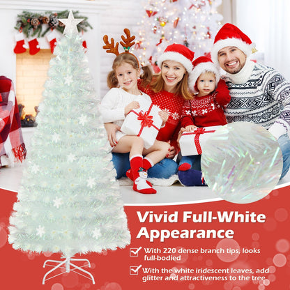 5/6/7 Feet Pre-Lit White Artificial Christmas Tree with Iridescent Leaves-6 ft, White