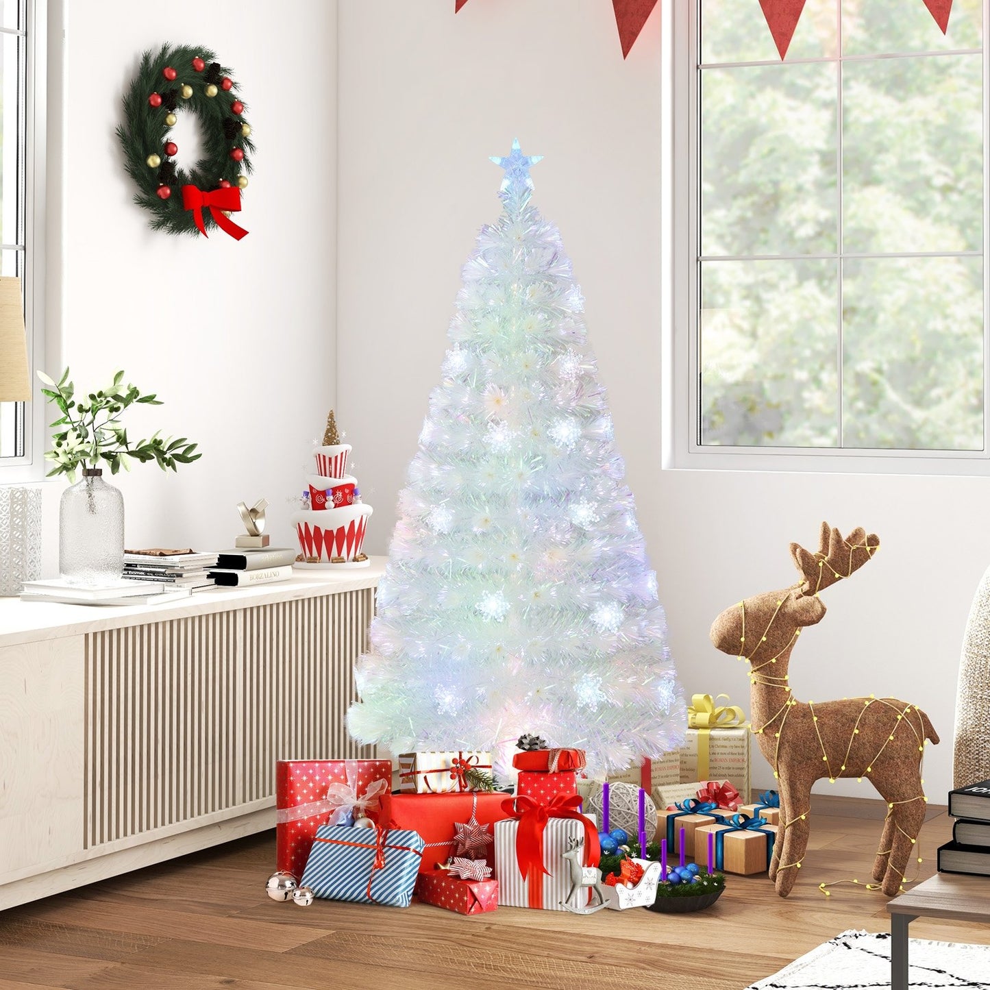 5/6/7 Feet Pre-Lit White Artificial Christmas Tree with Iridescent Leaves-5 Feet, White