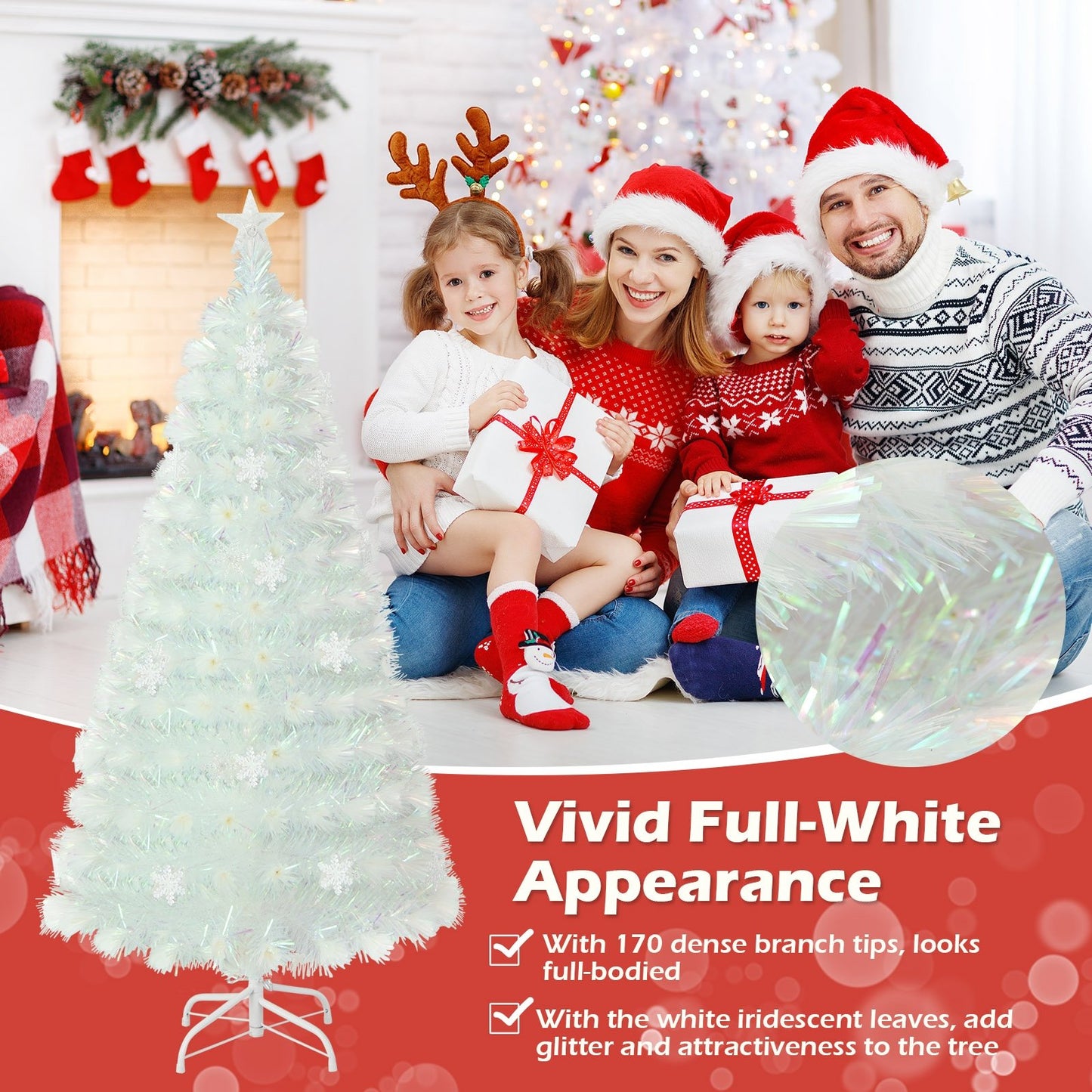 5/6/7 Feet Pre-Lit White Artificial Christmas Tree with Iridescent Leaves-5 Feet, White