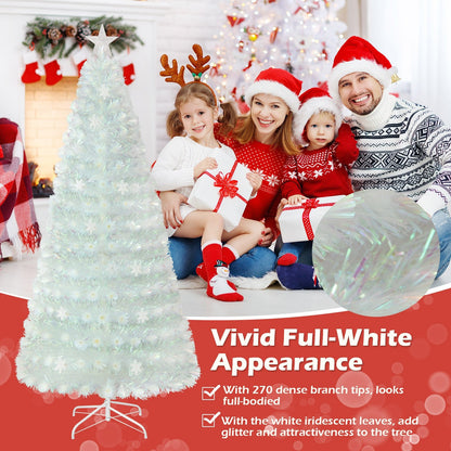 5/6/7 Feet Pre-Lit White Artificial Christmas Tree with Iridescent Leaves-7 ft, White