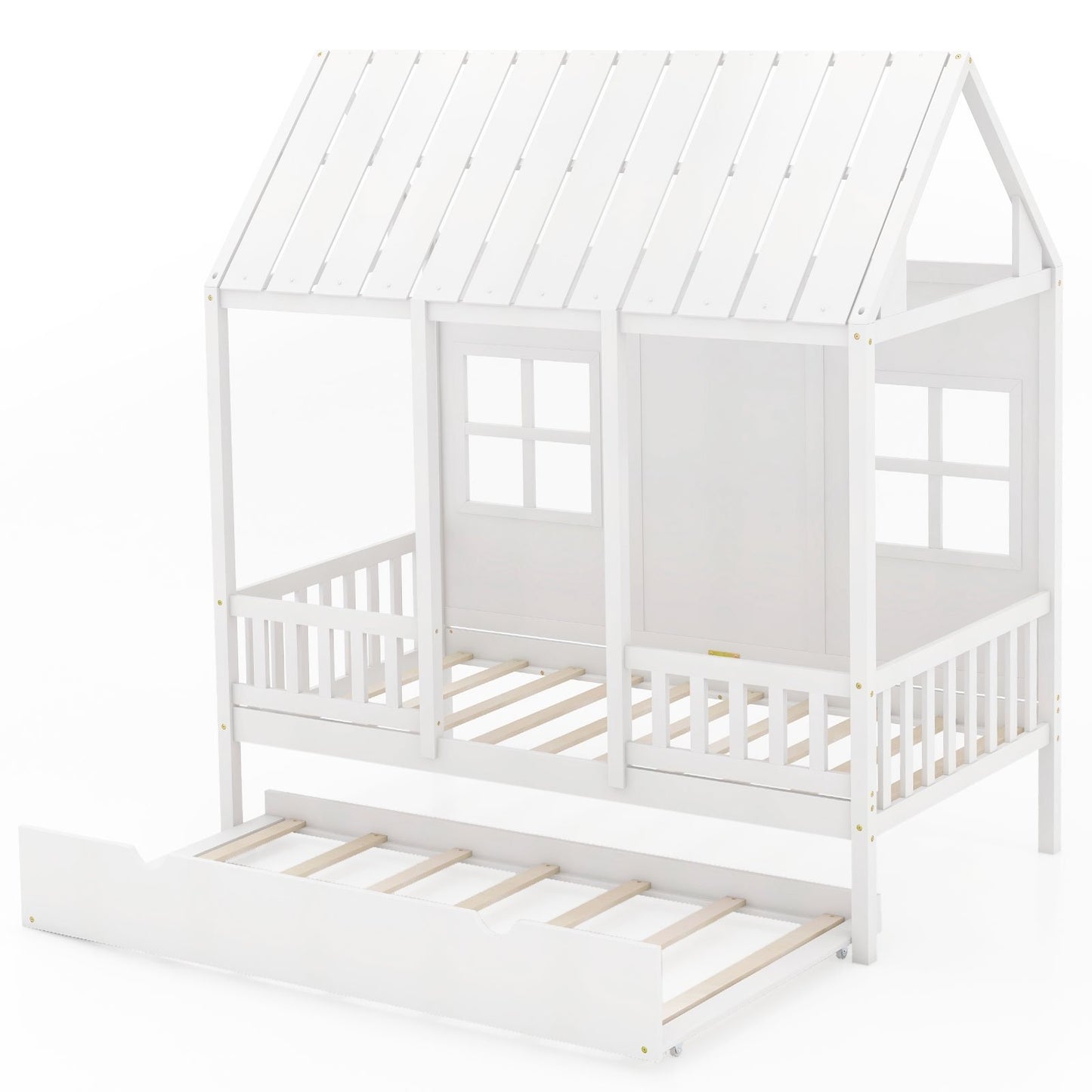 Twin Size Bed Frame House Bed with Trundle and 82 Inch Tall Roof, White