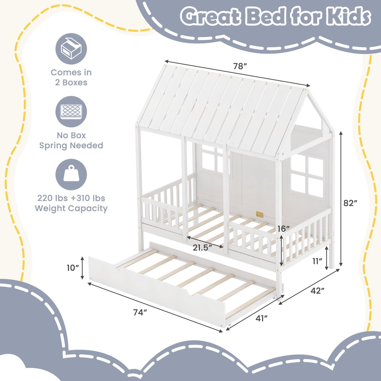 Twin Size Bed Frame House Bed with Trundle and 82 Inch Tall Roof, White