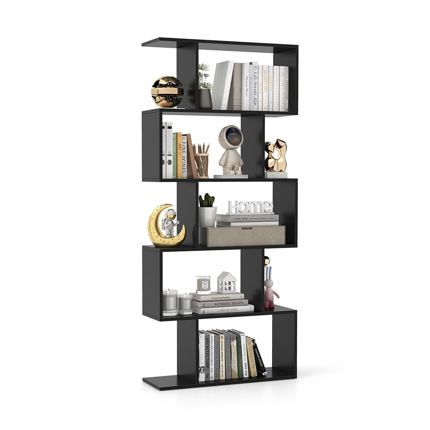 5-Tier Bookshelf with Anti-Toppling Device for Living Room Home Office, Black