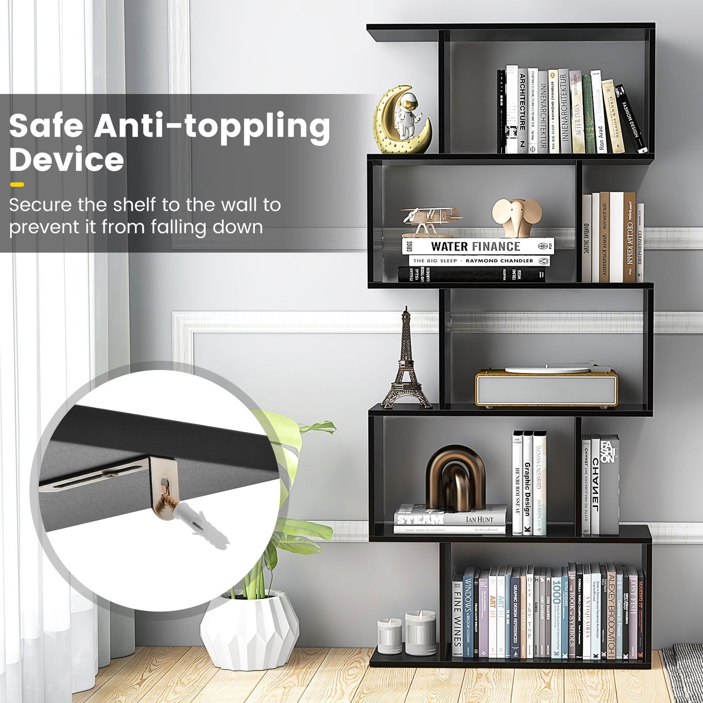 5-Tier Bookshelf with Anti-Toppling Device for Living Room Home Office, Black