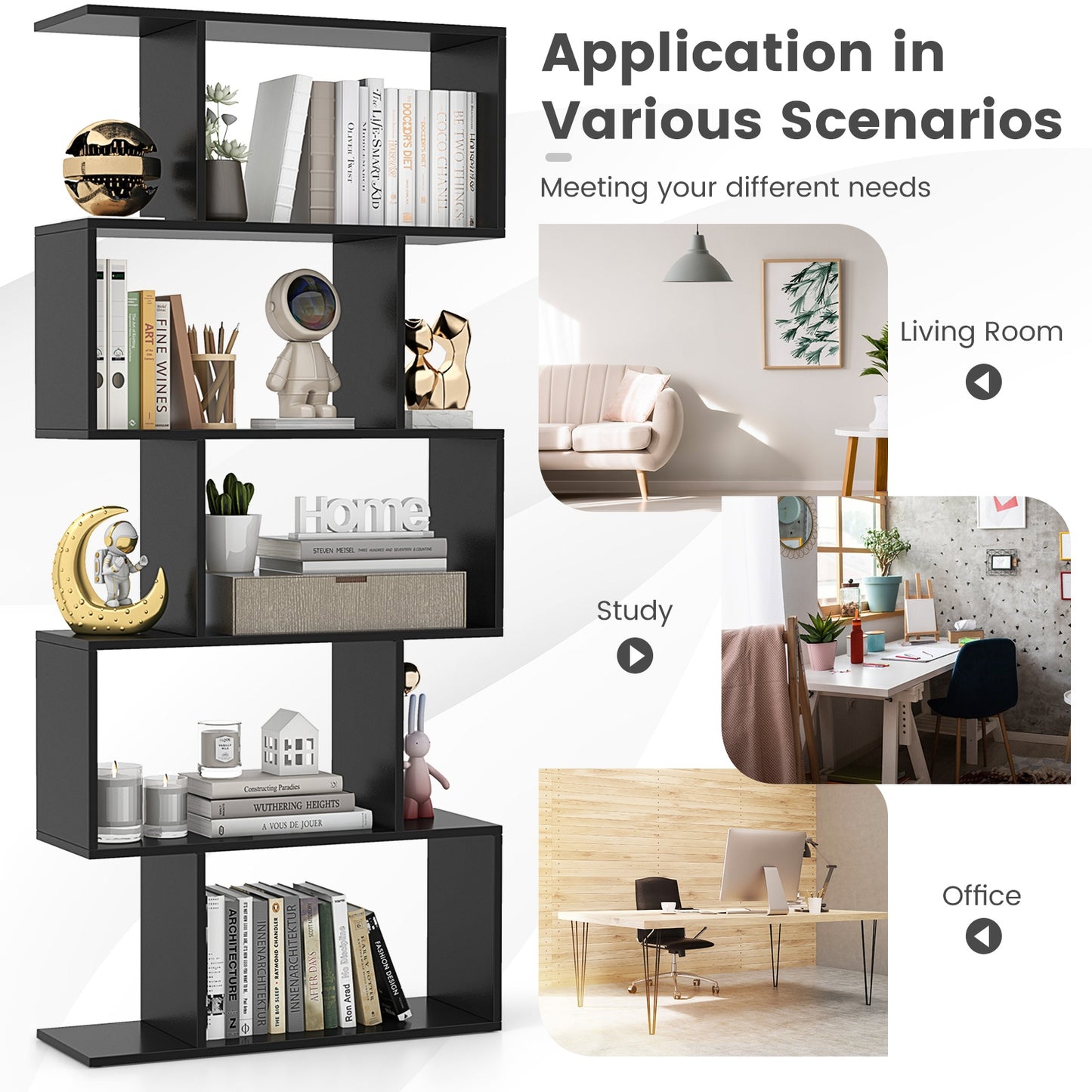 5-Tier Bookshelf, Anti-Toppling Device, Black Bookcases at Gallery Canada
