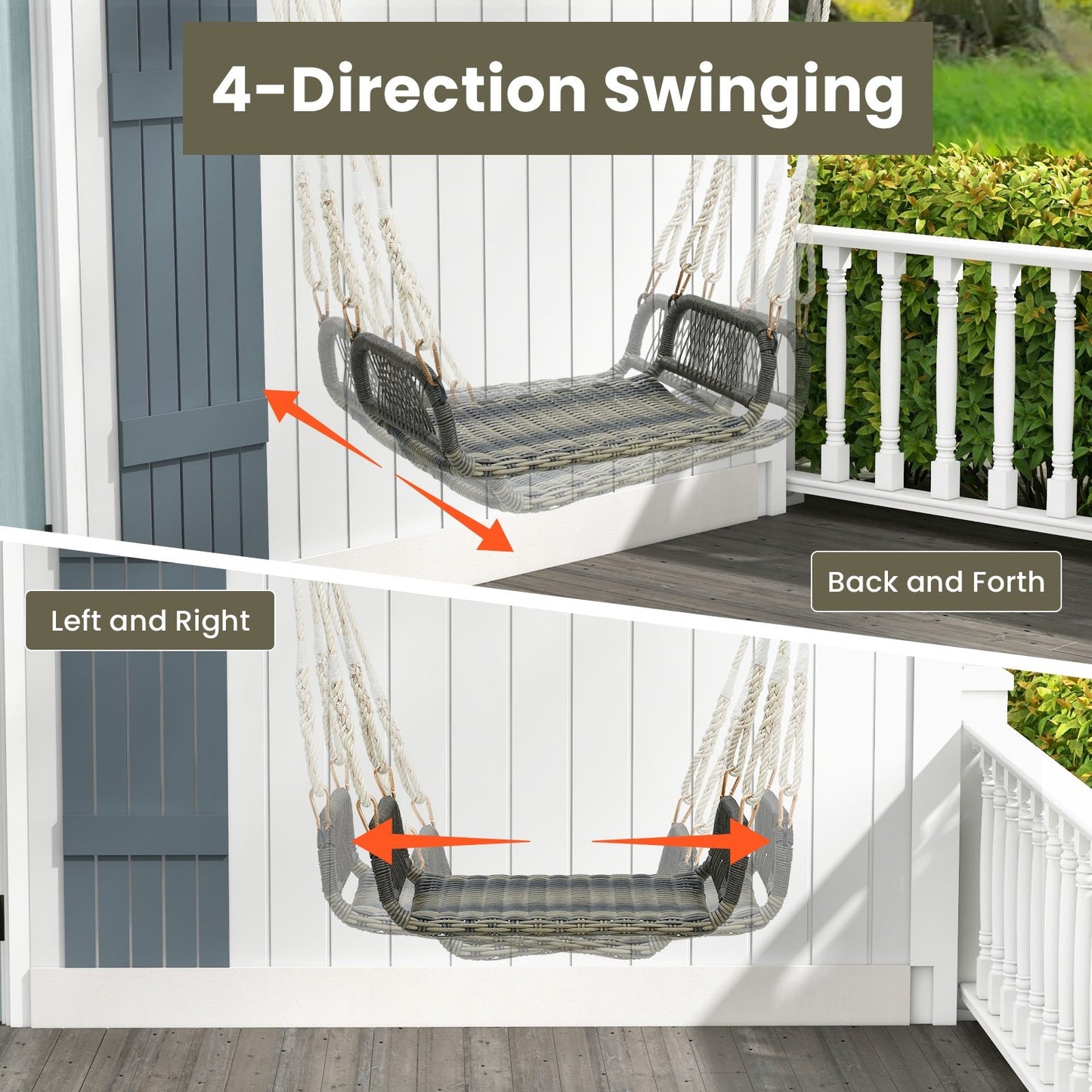 Wicker Porch Swing Seat with Cozy Armrests, Gray