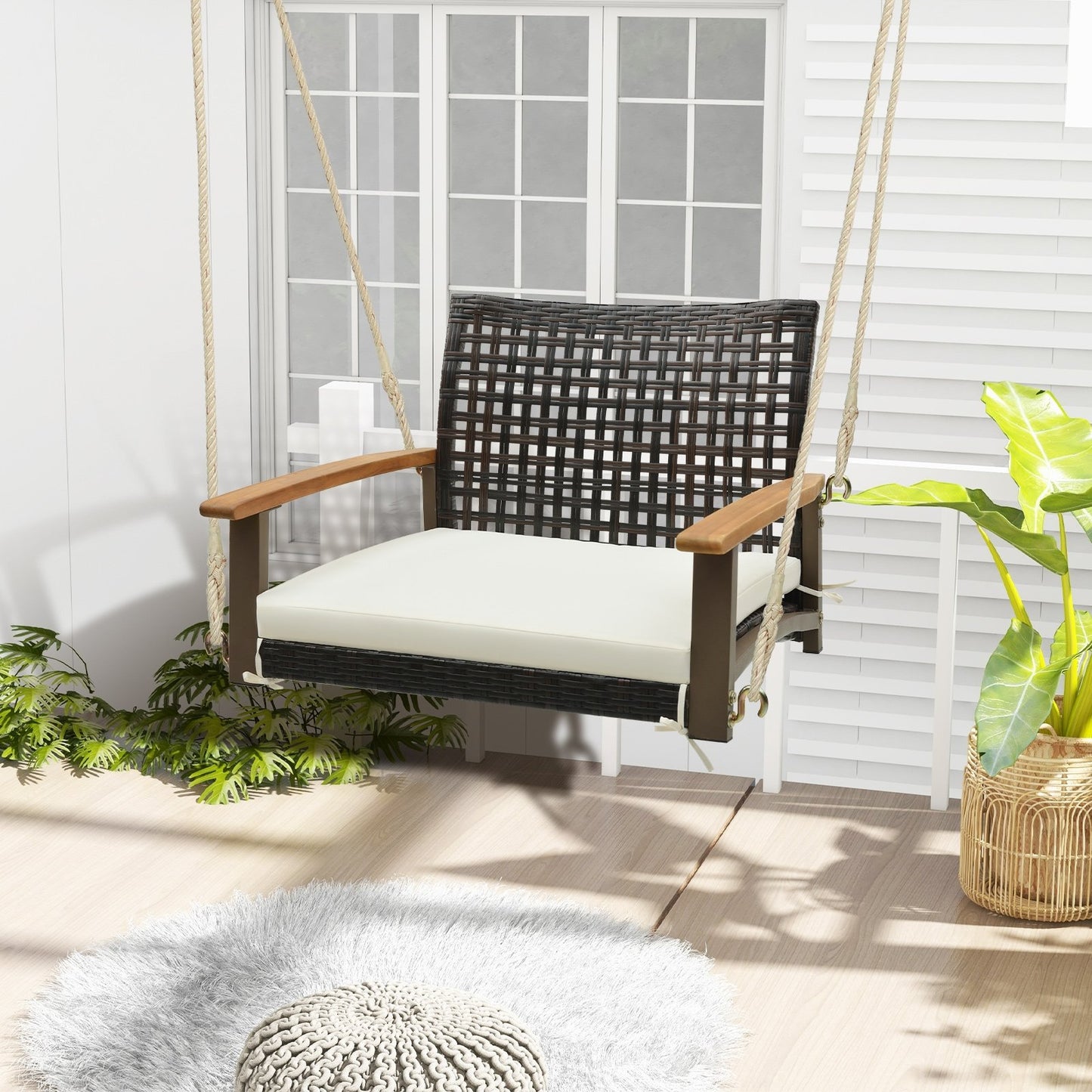 Single Rattan Porch Swing with Armrests Cushion and Hanging Ropes, White