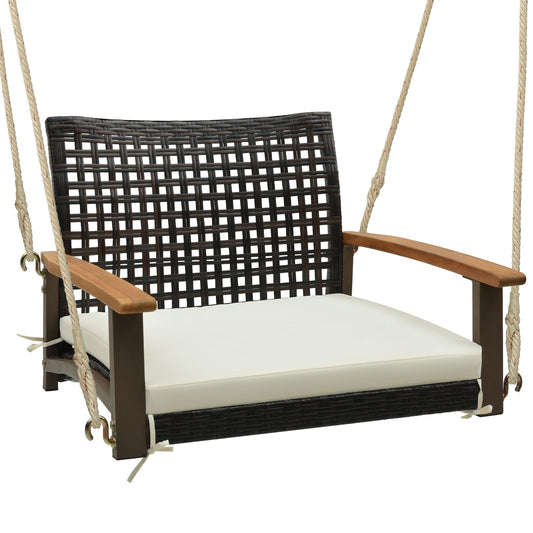 Single Rattan Porch Swing with Armrests Cushion and Hanging Ropes, White