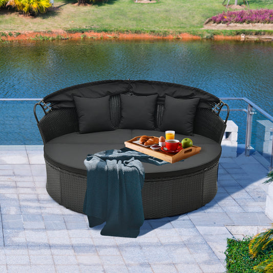 Clamshell Patio Round Daybed Wicker with Retractable Canopy and Pillows, Black Outdoor Sectionals Black at Gallery Canada