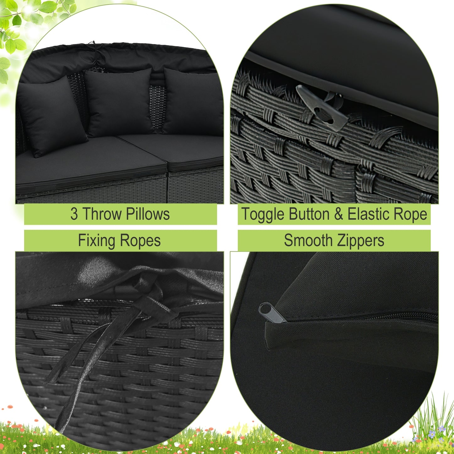 Clamshell Patio Round Daybed Wicker with Retractable Canopy and Pillows, Black Outdoor Sectionals at Gallery Canada