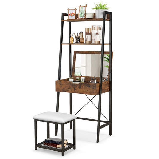 Ladder Vanity Desk Set with Flip Top Mirror and Cushioned Stool, Black