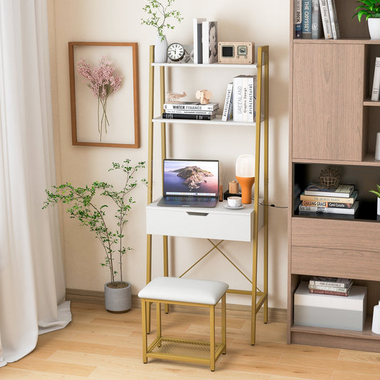 Ladder Vanity Desk Set With Flip Top Mirror, Cushioned Stool, Golden Makeup Vanities Golden at Gallery Canada