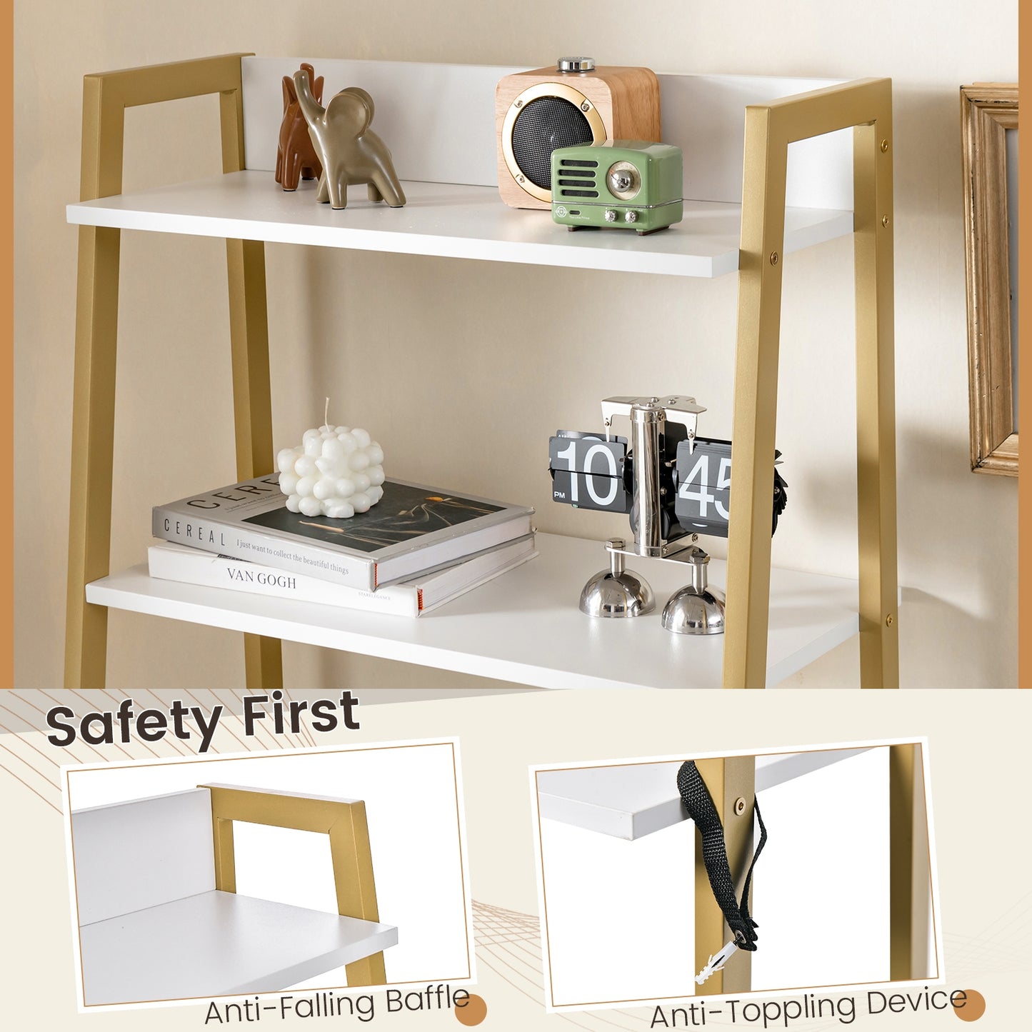 Ladder Vanity Desk Set With Flip Top Mirror, Cushioned Stool, Golden Makeup Vanities at Gallery Canada