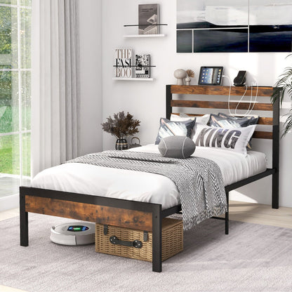 Full/Queen Size Bed Frame with Charging Station and Storage Headboard-Twin Size