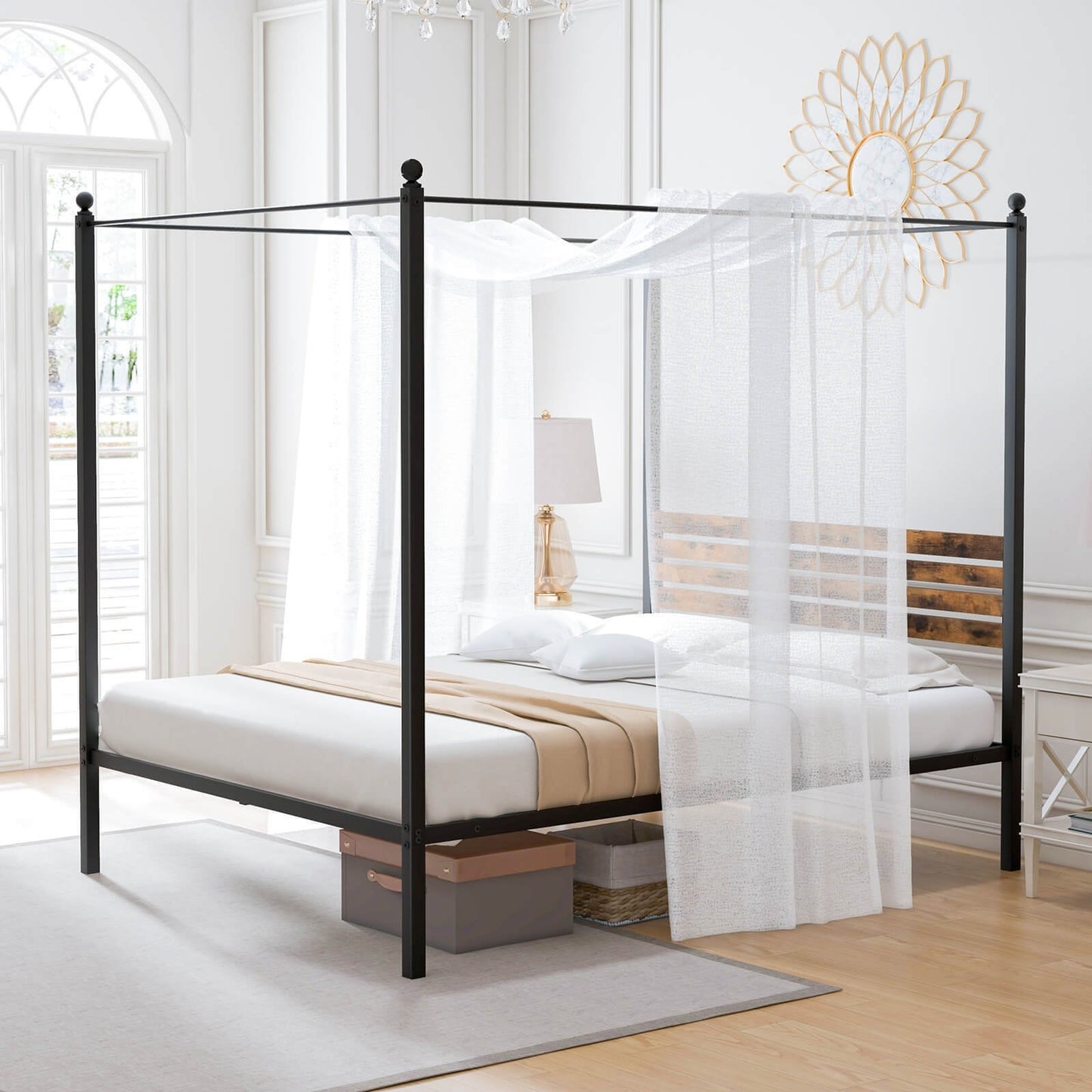 Queen Size Canopy Bed Frame with Under Bed Storage-Queen Size