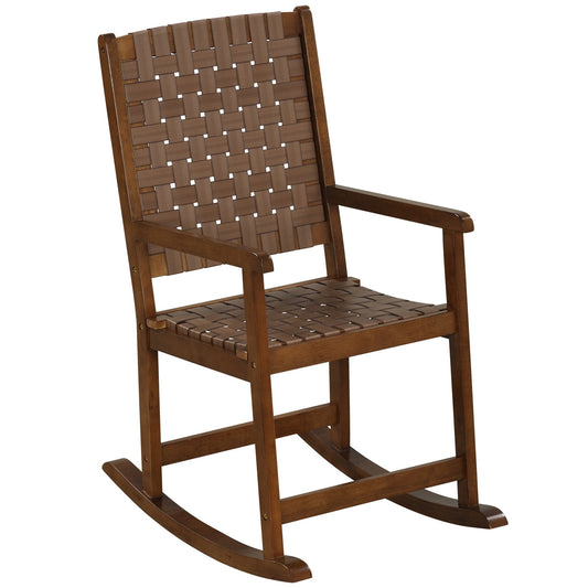Patio Wood Rocking Chair with PU Seat and Rubber Wood Frame, Brown