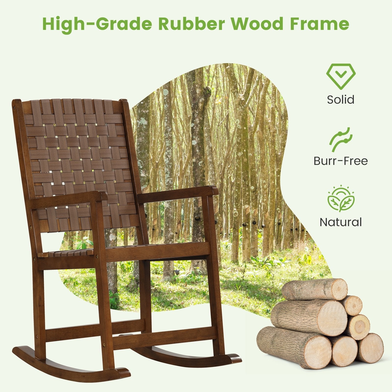 Patio Wood Rocking Chair with PU Seat and Rubber Wood Frame, Brown at Gallery Canada