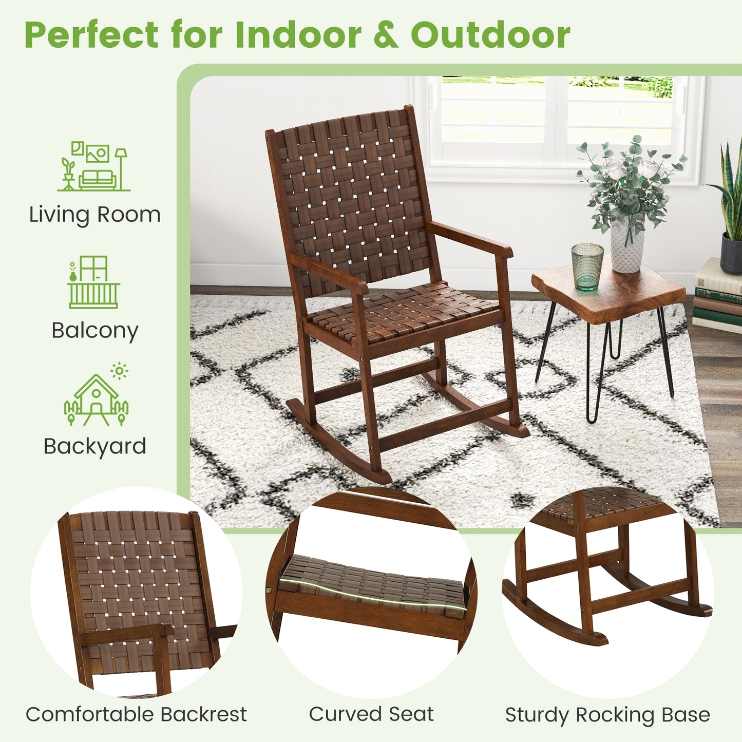 Patio Wood Rocking Chair, PU Seat, Rubber Wood Frame, Brown Patio Rocking Chairs & Gliders at Gallery Canada