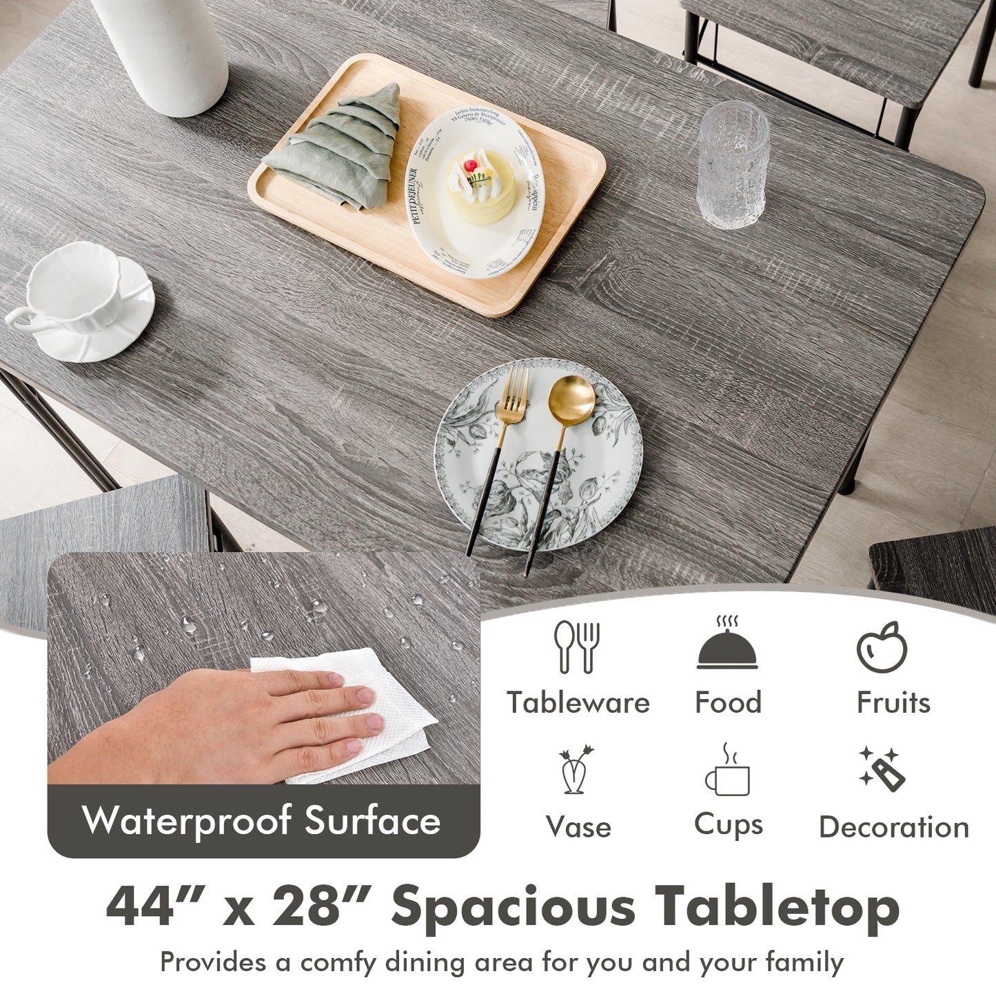 Ensemble de table à manger 5 pièces, cadre métallique, gris