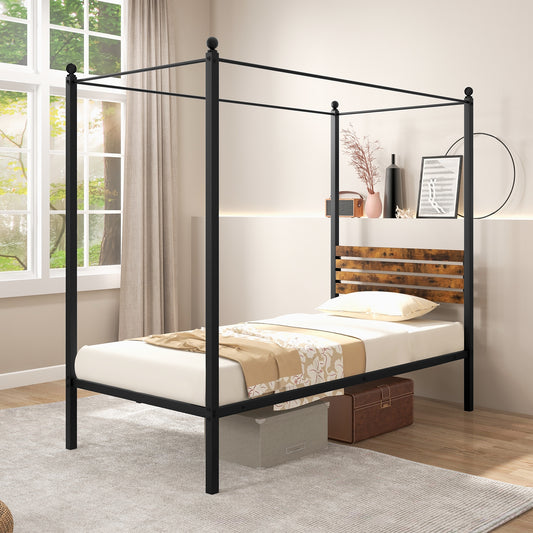 Queen Canopy Bed Frame, Twin Size, Under Bed Storage, Rustic Brown Beds & Bed Frames Rustic Brown at Gallery Canada