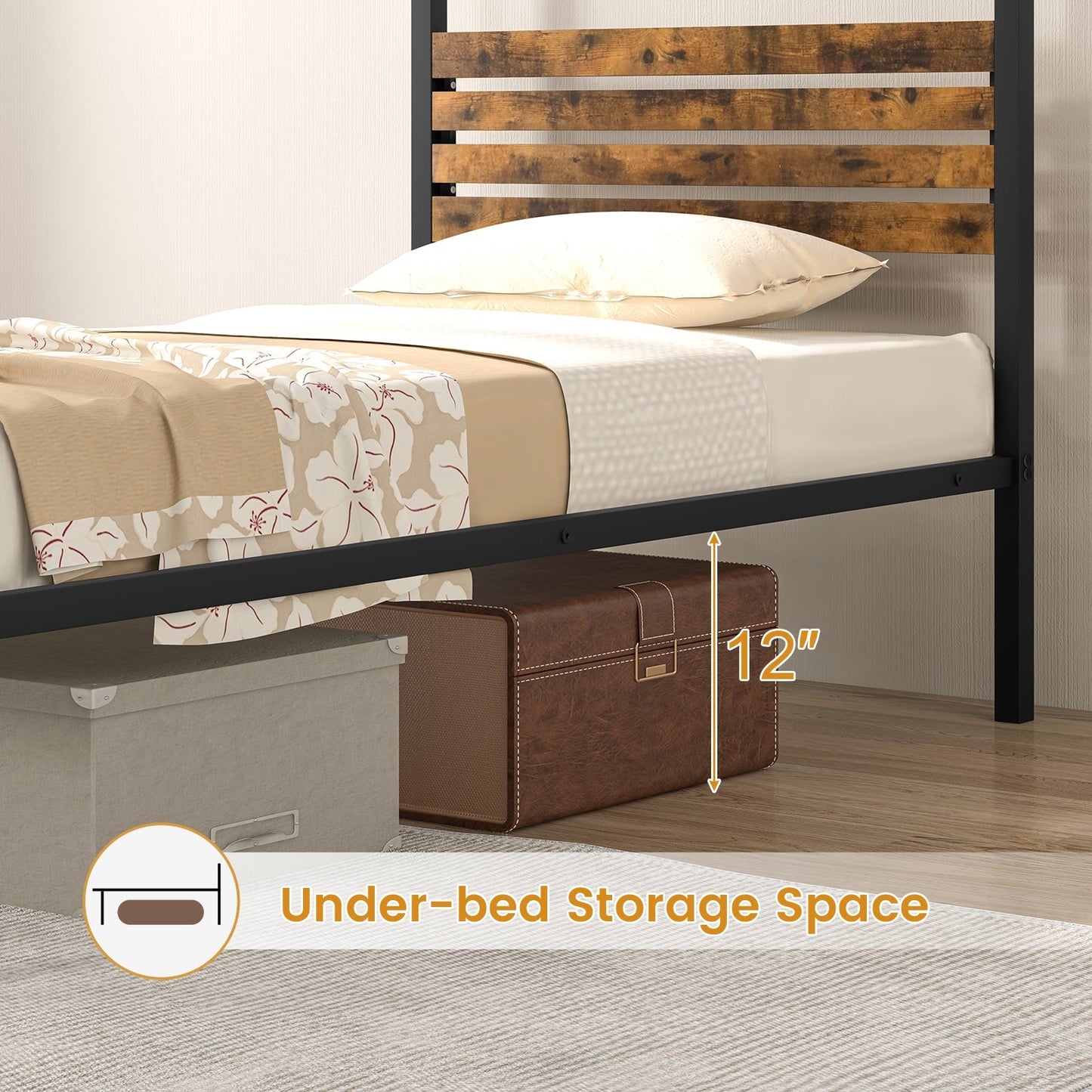 Queen Size Canopy Bed Frame with Under Bed Storage-Twin Size, Rustic Brown