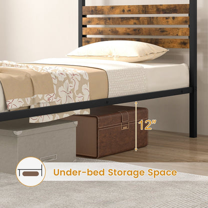 Queen Size Canopy Bed Frame with Under Bed Storage-Twin Size, Rustic Brown