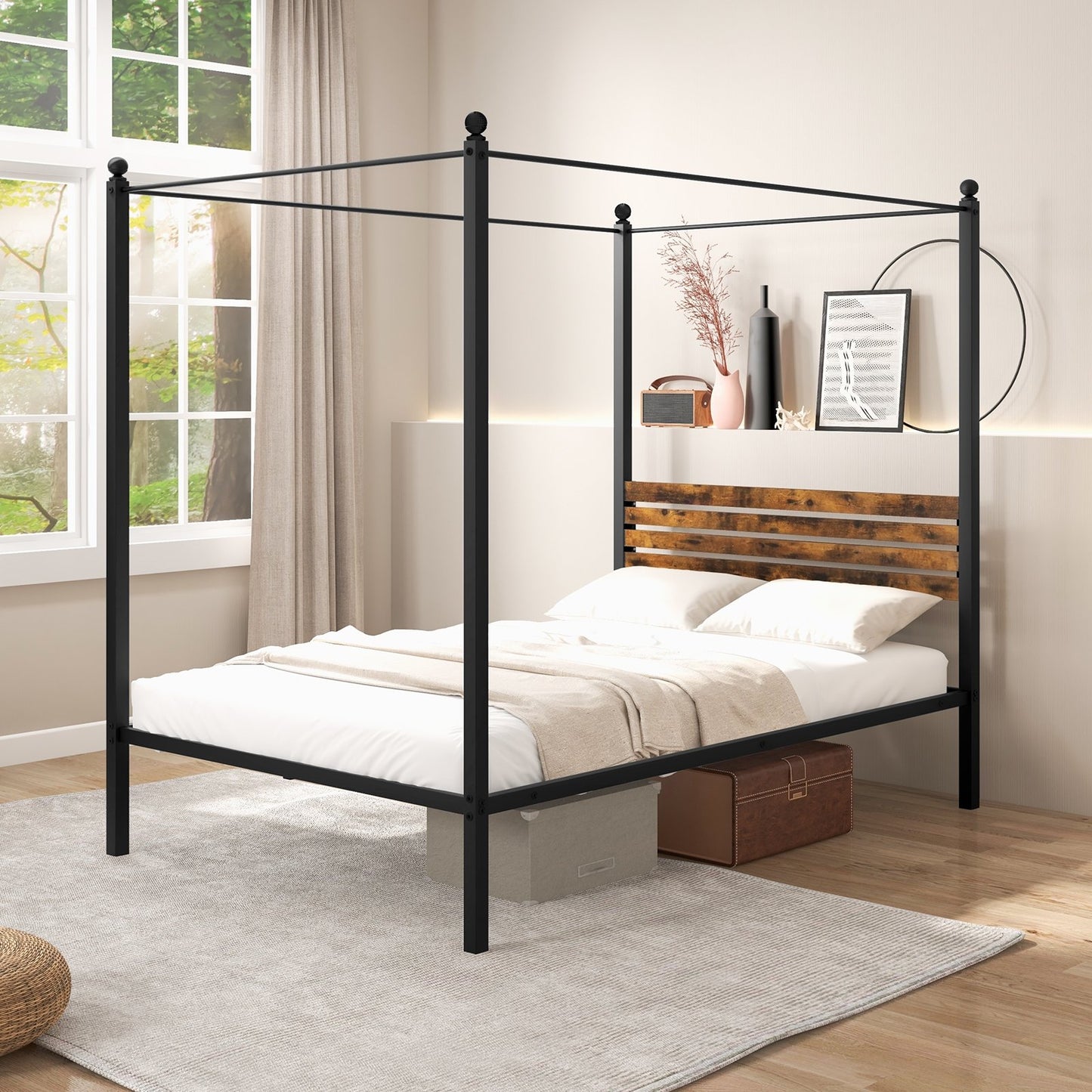 Queen Size Canopy Bed Frame with Under Bed Storage-Full Size, Rustic Brown