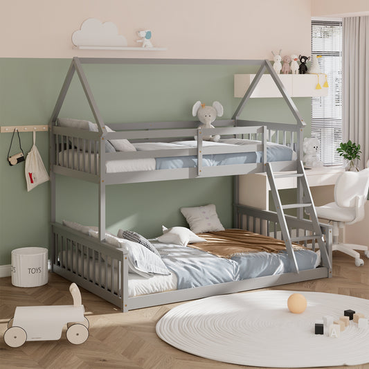 Twin Over Full House Bunk Bed with Ladder and Guardrails, Gray Bunk Bed Frame Gray at Gallery Canada