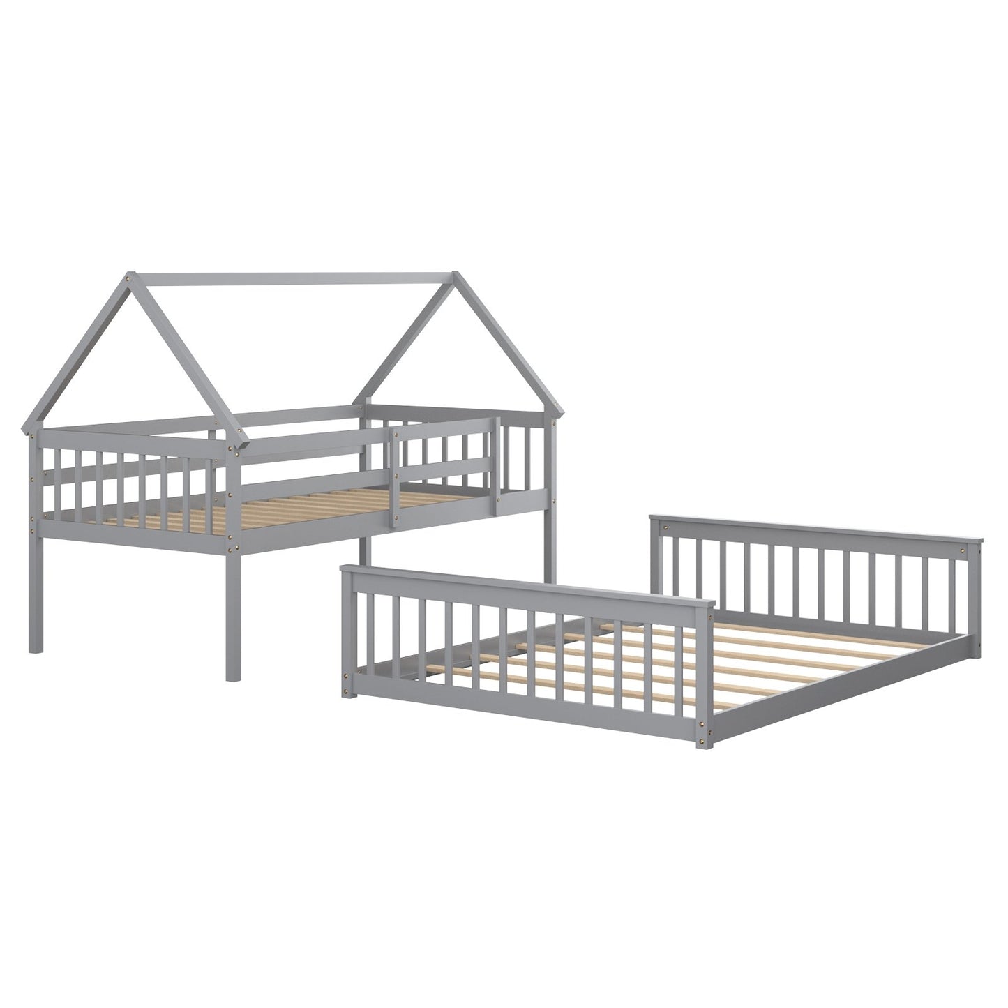 Twin Over Full House Bunk Bed with Ladder and Guardrails, Gray