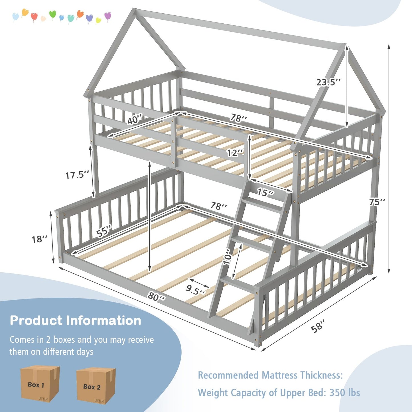 Twin Over Full House Bunk Bed with Ladder and Guardrails, Gray