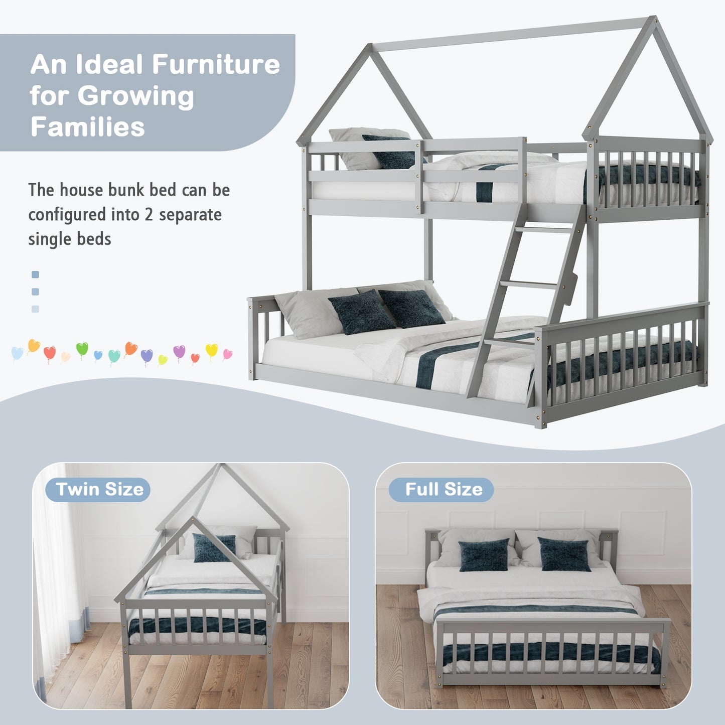 Twin Over Full Bunk Bed, With Ladder And Guardrails, Gray Bunk Bed Frame at Gallery Canada