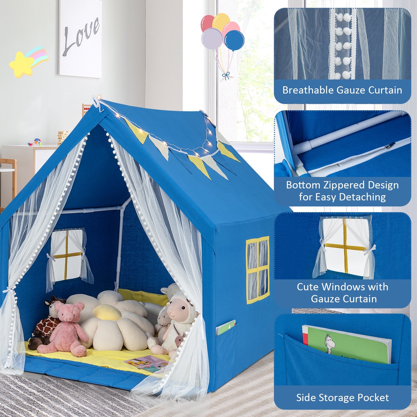 48 x 42 x 50 Inch Large Play Tent, Washable Cotton Mat, Blue Play Tents & Playhouse at Gallery Canada