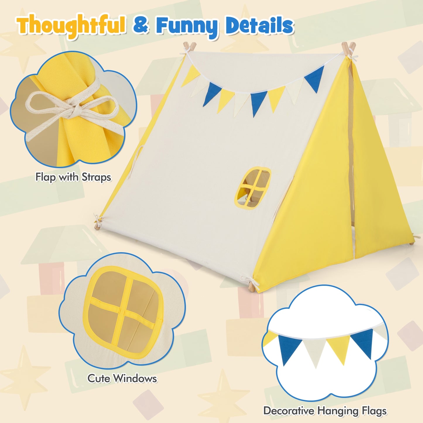 Kids Play Tent with Solid Wood Frame Holiday Birthday Gift & Toy for Boys & Girls, Yellow Play Tents & Playhouse at Gallery Canada