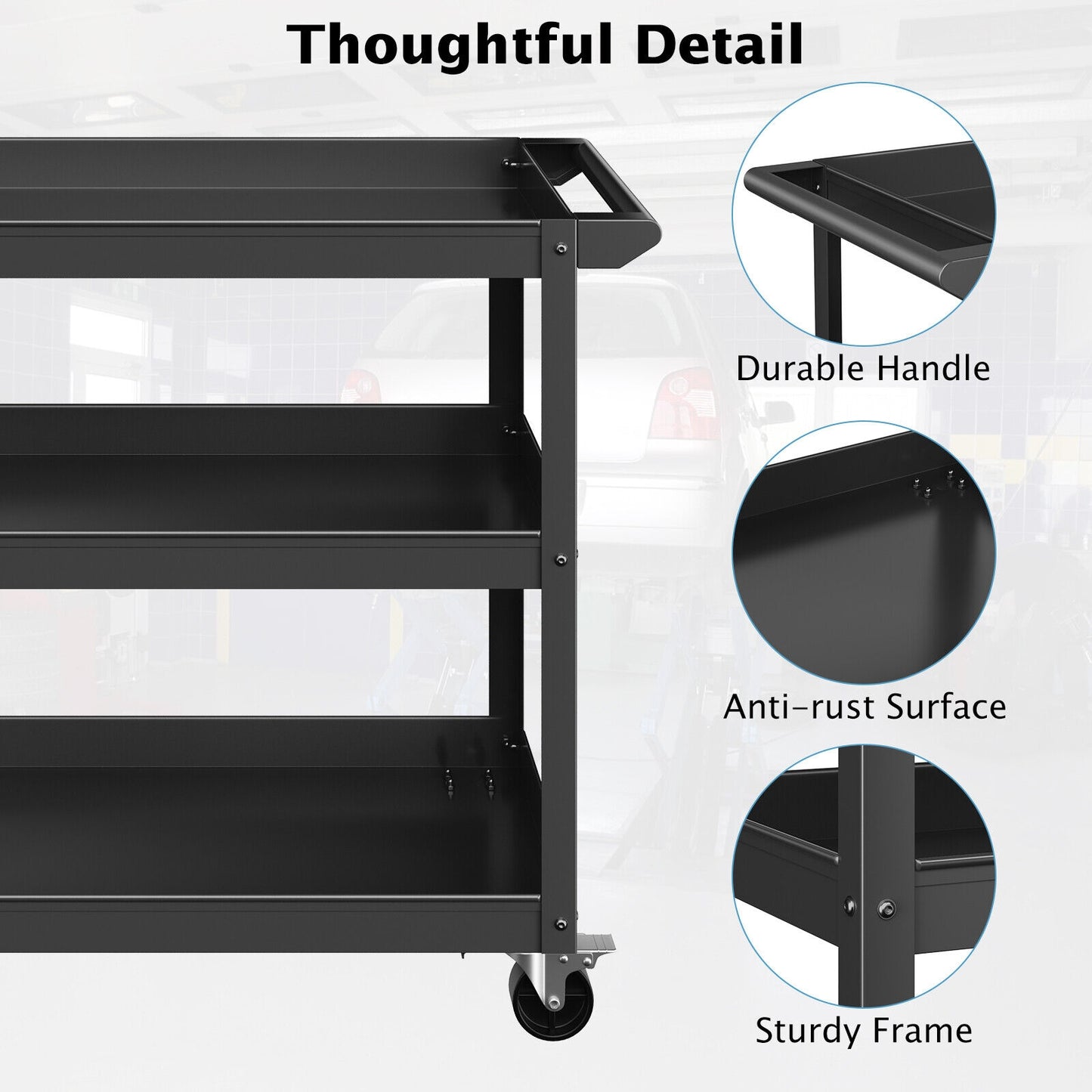 3-Tier Metal Utility Cart, 2 Lockable Wheels, Black Garages at Gallery Canada