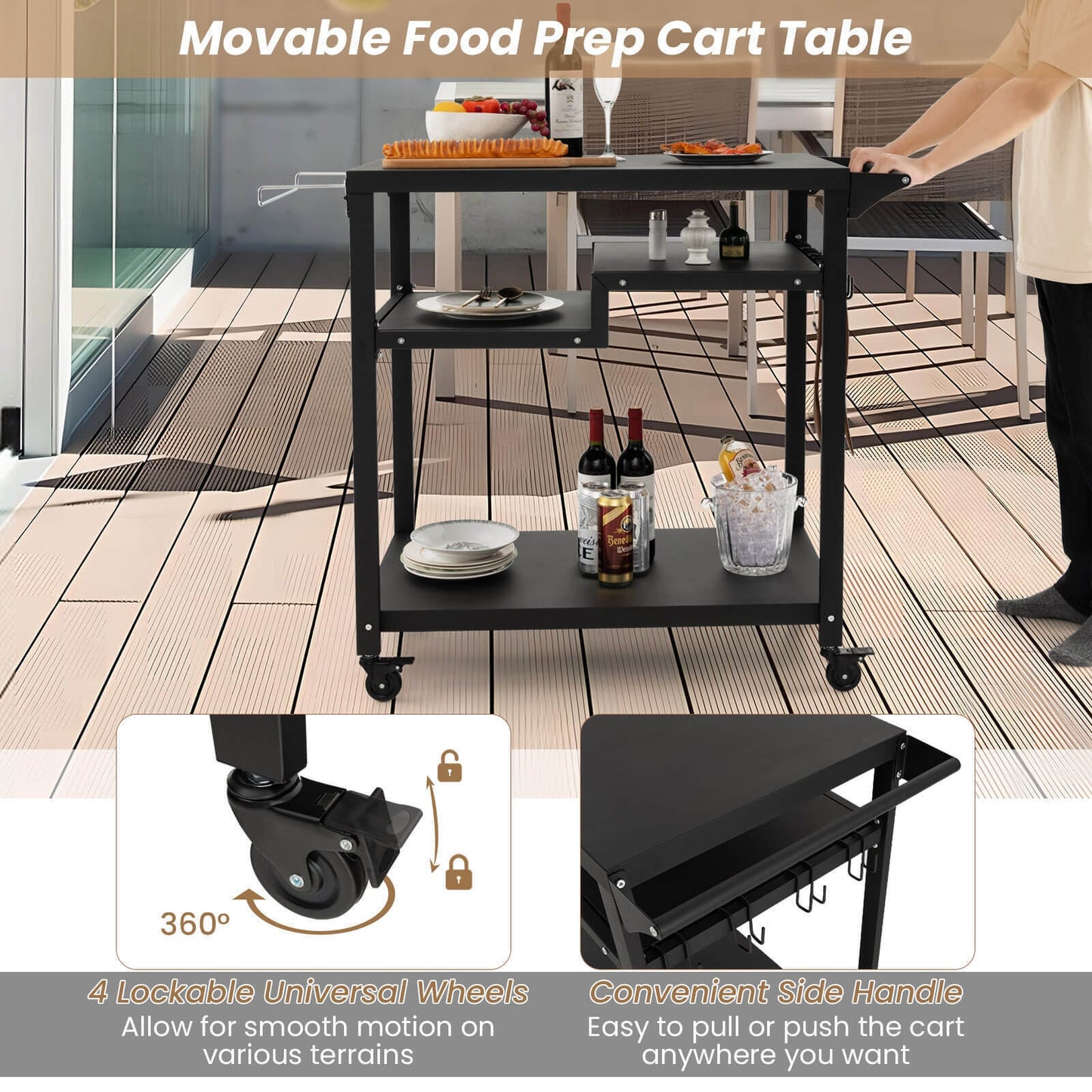 Rolling Grill Cart 3-Shelf BBQ Cart with Hooks and Side Handle, Black Outdoor Grills at Gallery Canada