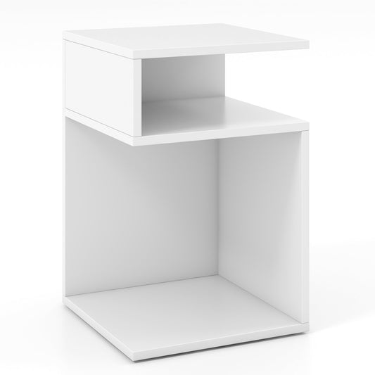 S-Shaped Side Table with Unique S-shaped Frame and 2 Open Compartments, White