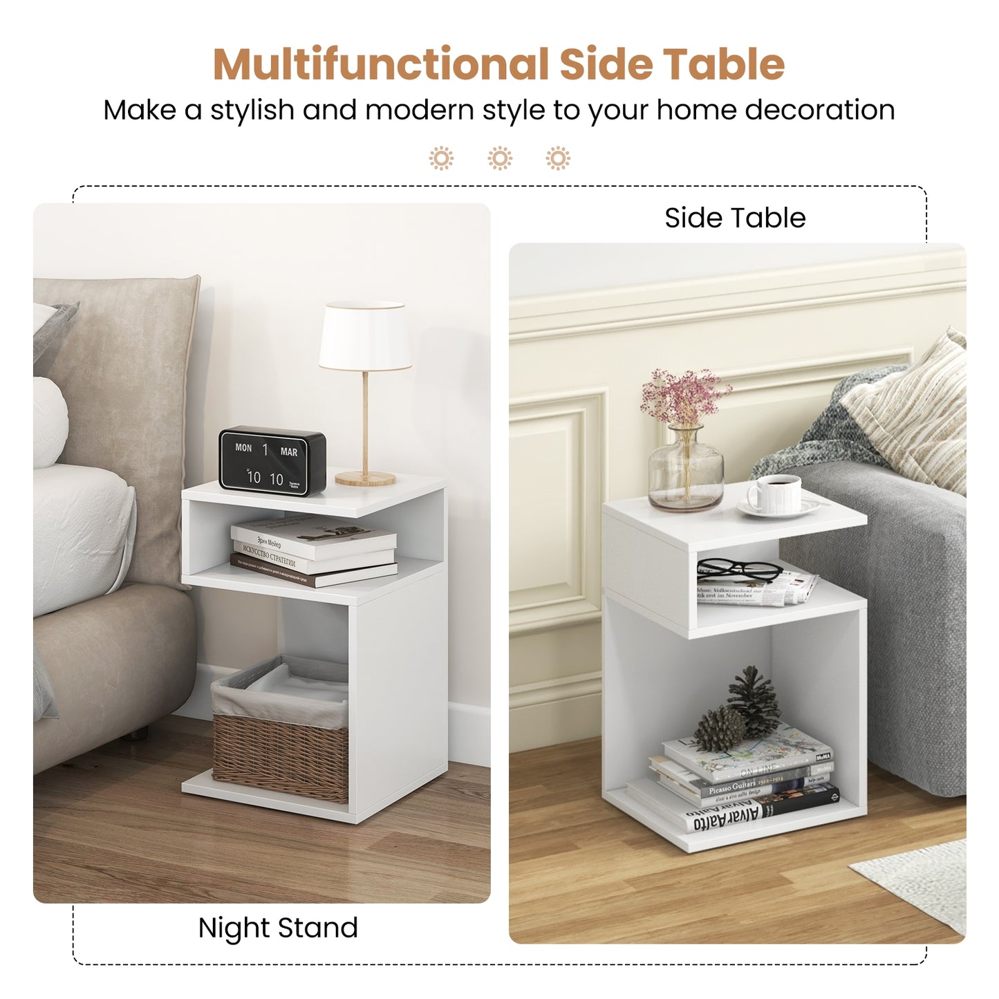 S-Shaped Side Table, 2 Open Compartments, White Nightstands at Gallery Canada
