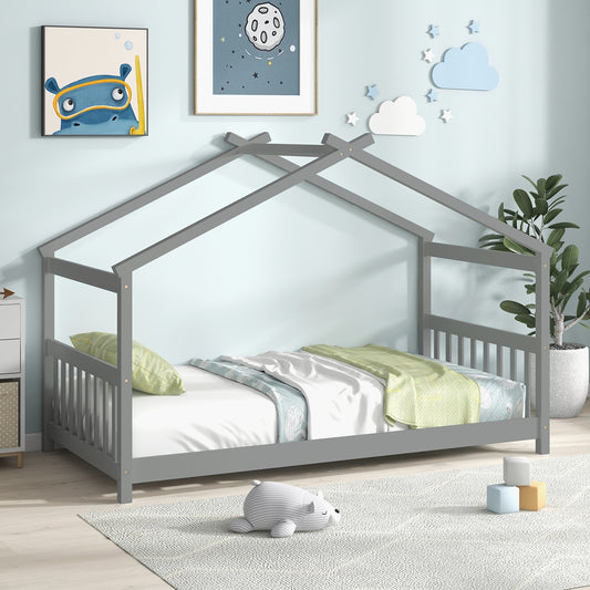 Twin Size Wooden House Bed With Roof, Gray Simple Bed Frame Gray at Gallery Canada