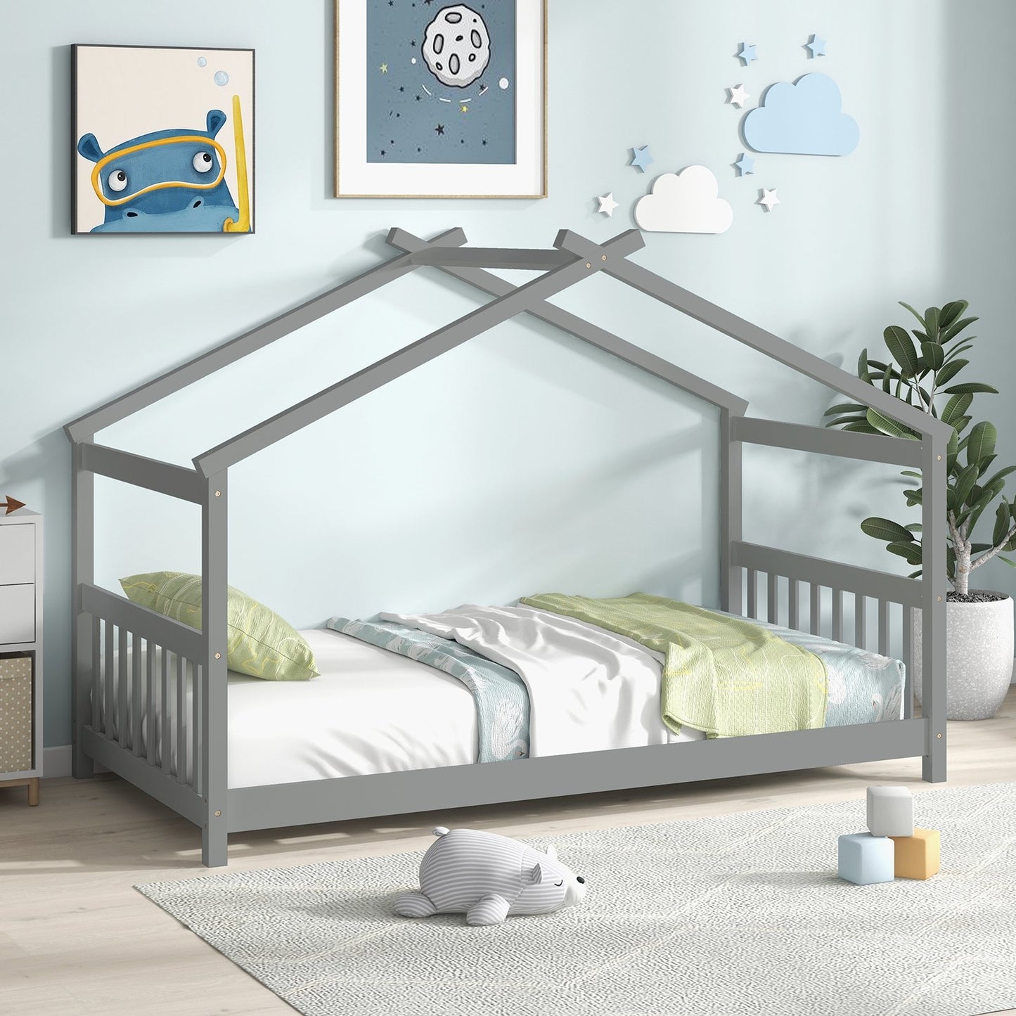 Twin Size Wooden House Bed with Roof, Gray