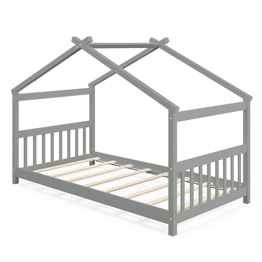 Twin Size Wooden House Bed with Roof, Gray