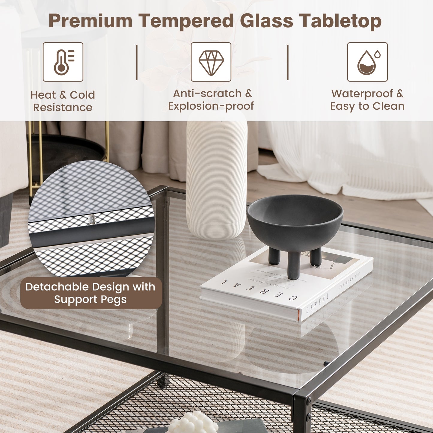 Modern 2-Tier Square Glass Coffee Table with Mesh Shelf, Gray Coffee Tables at Gallery Canada