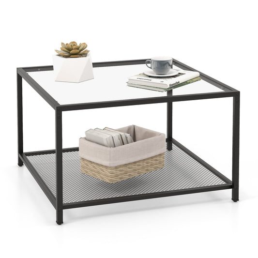 Modern 2-Tier Square Glass Coffee Table with Mesh Shelf, Transparent at Gallery Canada