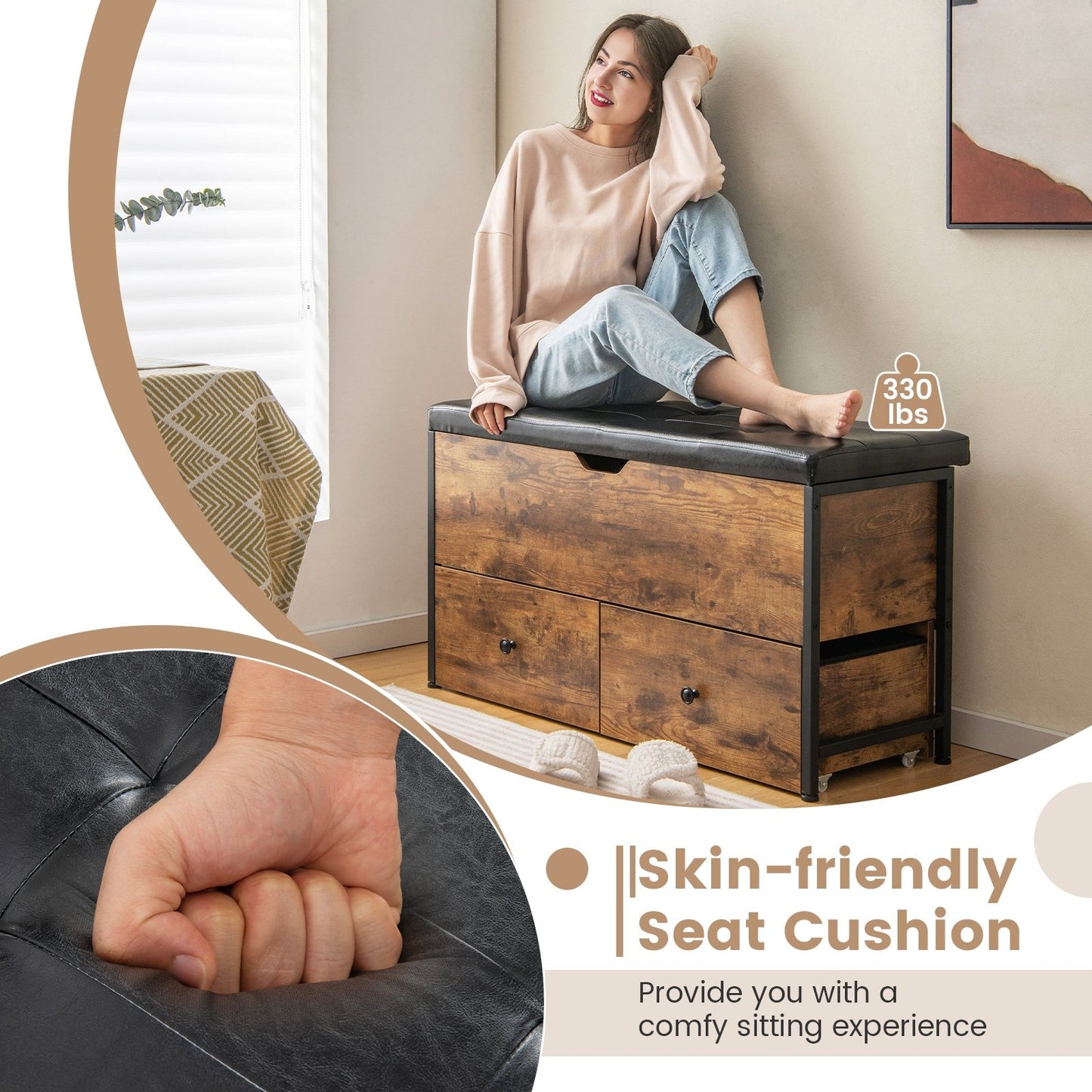 Storage Ottoman Bench with Padded Seat Cushion and 2 Drawers for Entryway, Brown