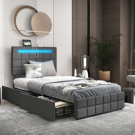 Upholstered LED Bed Frame with Headboard and 4 Drawers-Twin Size, Gray Simple Bed Frame Twin Size at Gallery Canada