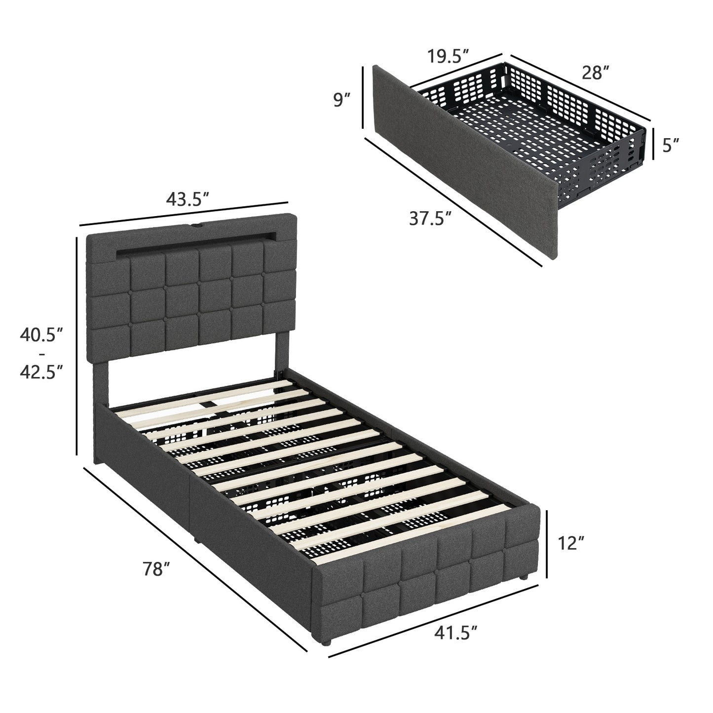 Upholstered LED Bed Frame with Headboard and 4 Drawers-Twin Size, Gray Simple Bed Frame at Gallery Canada